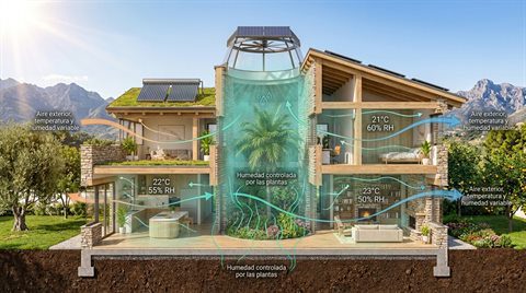 Diagrama en corte de una vivienda que muestra el control de la humedad y la temperatura en los espacios interiores