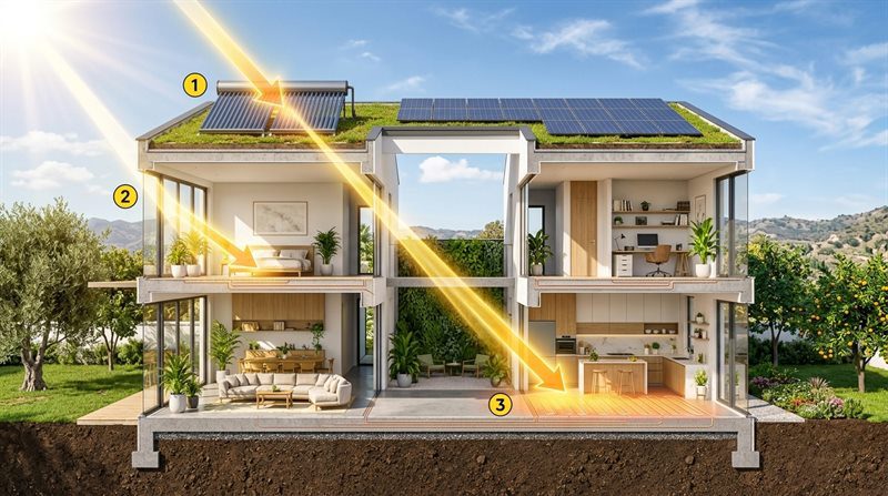 Corte de una vivienda con cubierta verde y paneles solares; tres rayos de sol inciden en la cubierta, la fachada y el piso interior.