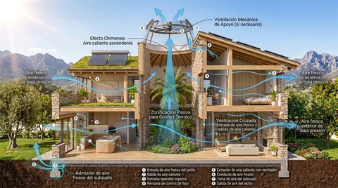 Diagrama en corte de una vivienda con estrategias de ventilación natural, efecto chimenea y admisión de aire fresco