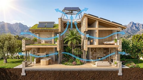 Diagrama en corte de una vivienda con flujos de aire que atraviesan los espacios mediante ventilación cruzada